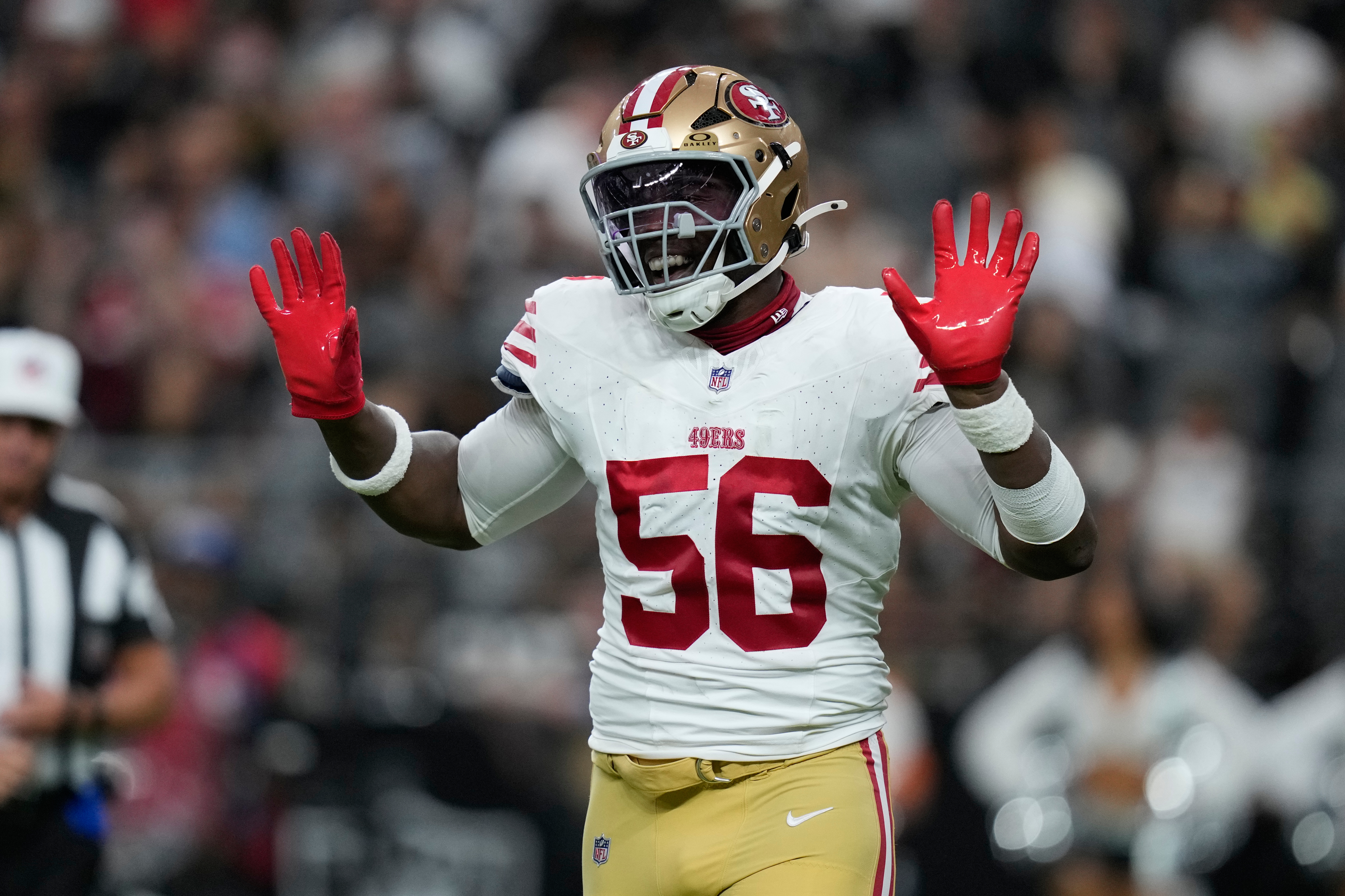 San Francisco 49ers defensive end Keion White celebrates after a sack during the first half of an NFL preseason football game against the Las Vegas Raiders, Thursday, Aug. 27, 2026}, in Las Vegas. 