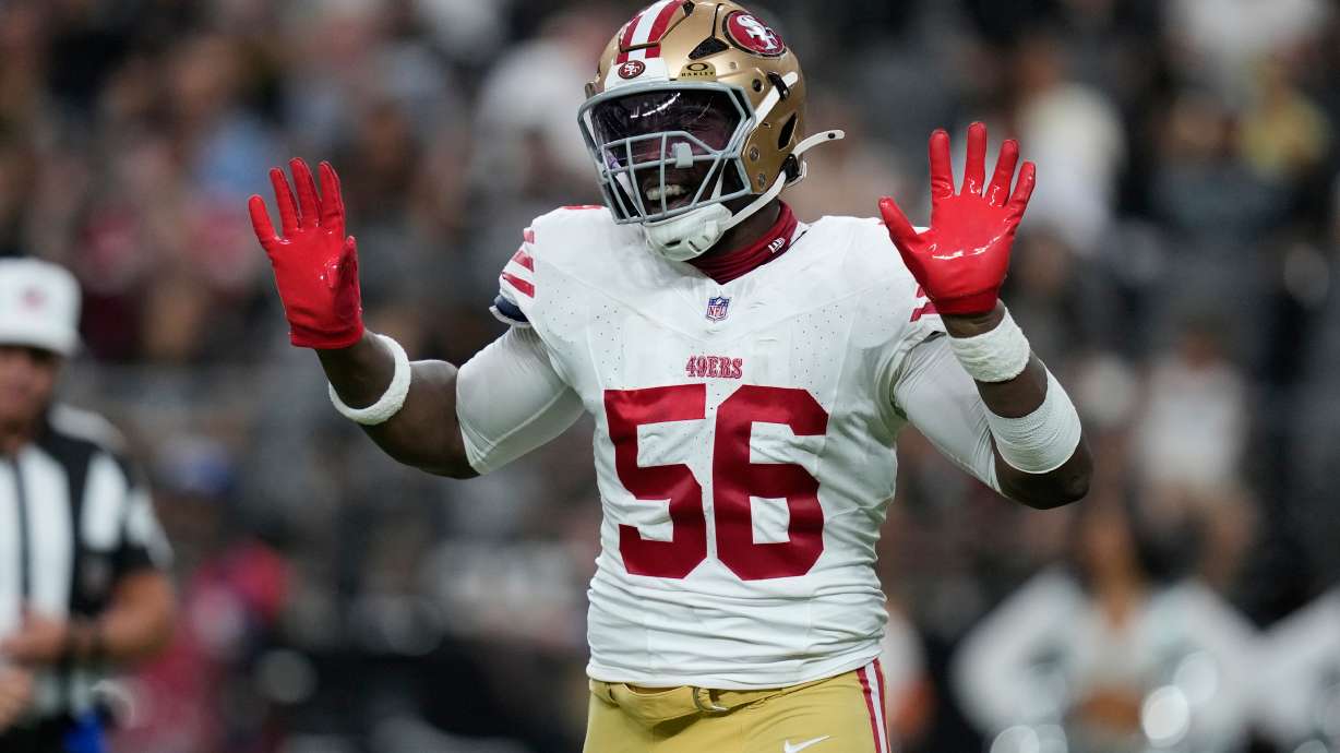 San Francisco 49ers defensive end Keion White celebrates after a sack during the first half of an NFL preseason football game against the Las Vegas Raiders, Thursday, Aug. 27, 2026}, in Las Vegas.