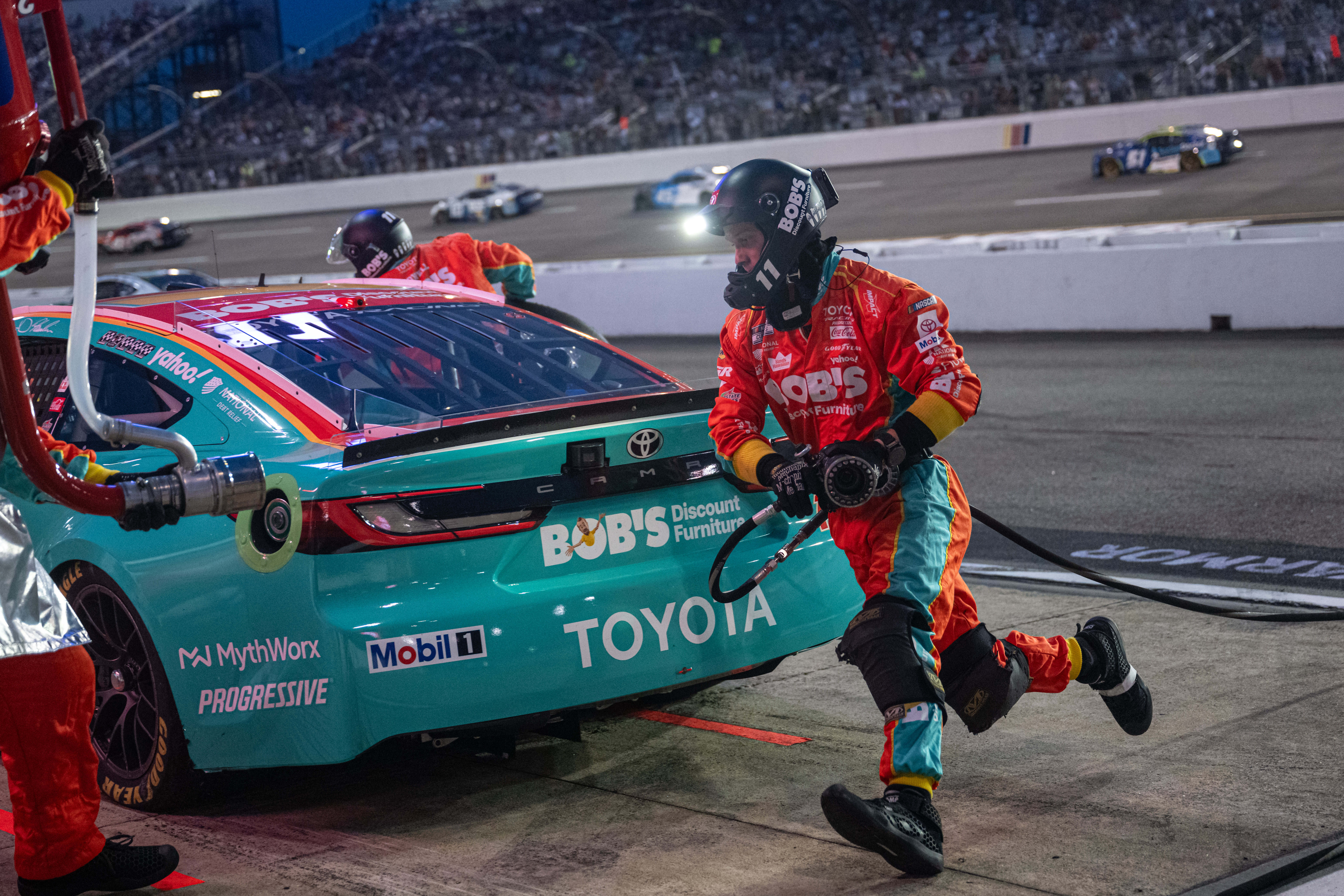 Joe Gibbs Racing driver Denny Hamlin (11) pit crew goes over the wall during Cook Out 400 at Richmond Raceway, Saturday, Aug. 15, 2026, in Richmond Va. 