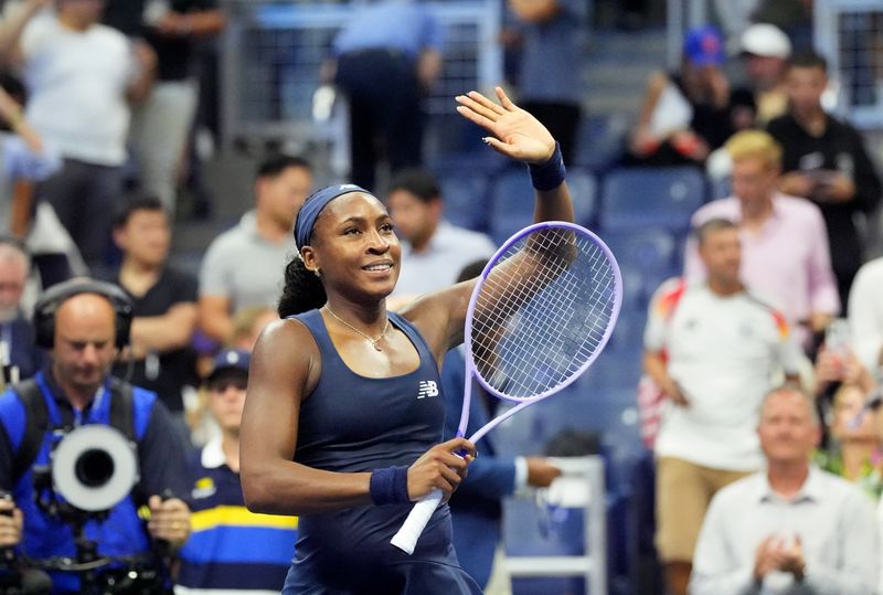 Tennis - U.S. Open - Flushing Meadows, New York, United States - September 1, 2026 Coco Gauff of the U.S. celebrates after winning her first round match against Turkey's Zeynep Sonmez IMAGN IMAGES via Reuters/Robert Deutsch