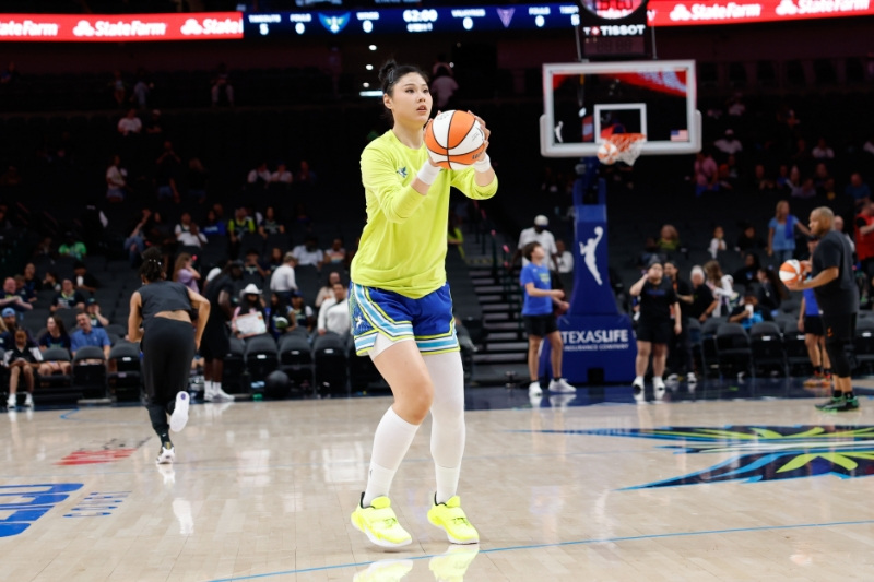 Aug 7, 2026; Dallas, Texas, USA;  Dallas Wings center Li Yueru (28) during warmups before the game against the Golden State Valkyries at American Airlines Center.