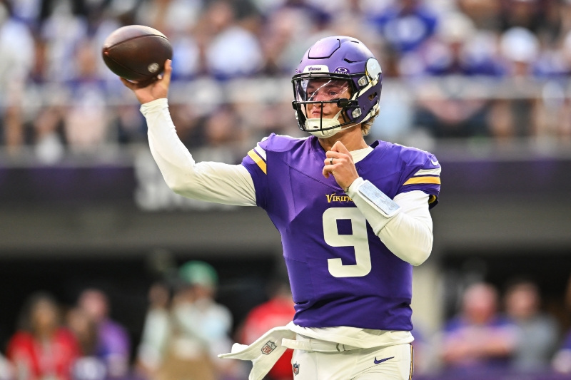 Aug 22, 2026; Minneapolis, Minnesota, USA;  Minnesota Vikings quarterback J.J. McCarthy (9) throws a pass against the Baltimore Ravens during the first quarter at U.S. Bank Stadium.