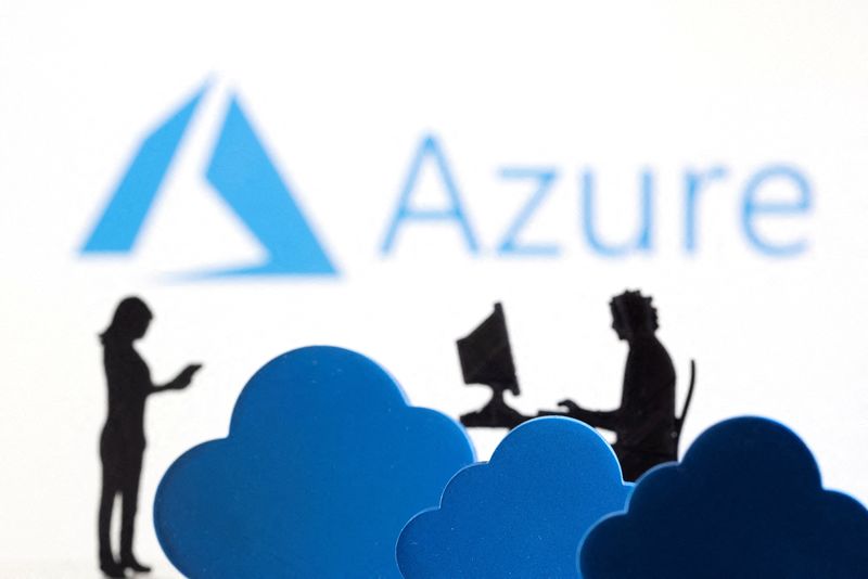 FILE PHOTO: 3D printed clouds and figurines are seen in front of the Microsoft Azure cloud service logo in this illustration created on February 8, 2022.