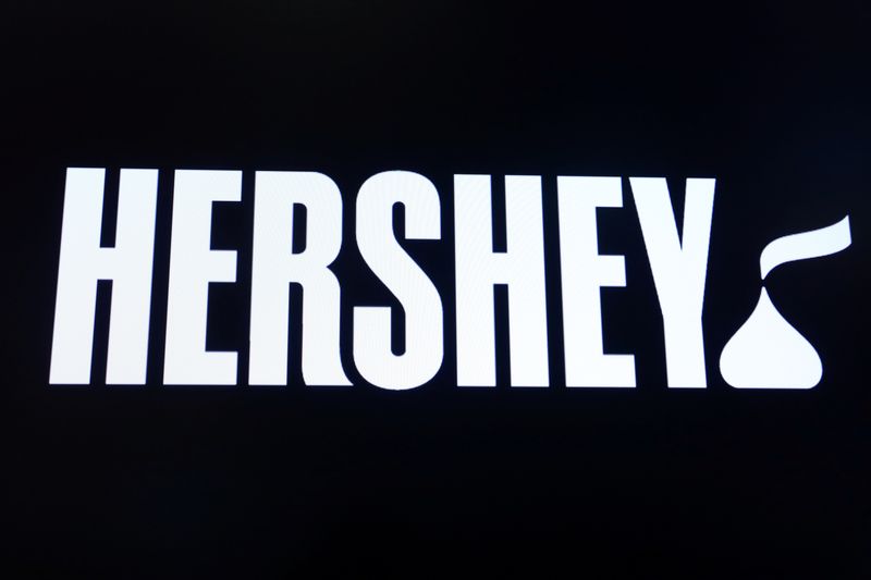 The company logo for Hershey Co. is displayed on a screen on the floor of the New York Stock Exchange (NYSE) in New York, U.S., March 4, 2019.