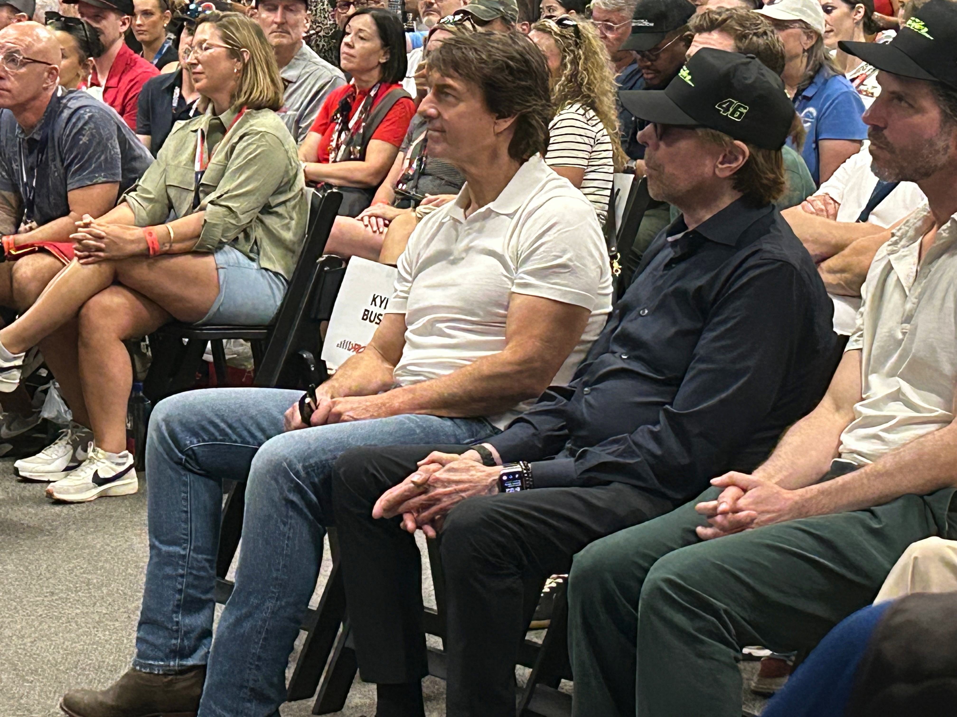 Actor Tom Cruise and movie producer Jerry Bruckheimer attend a drivers meeting before a NASCAR Cup Series auto race at Daytona International Speedway, Saturday, Aug. 29, 2026, in Daytona Beach, Fla. 
