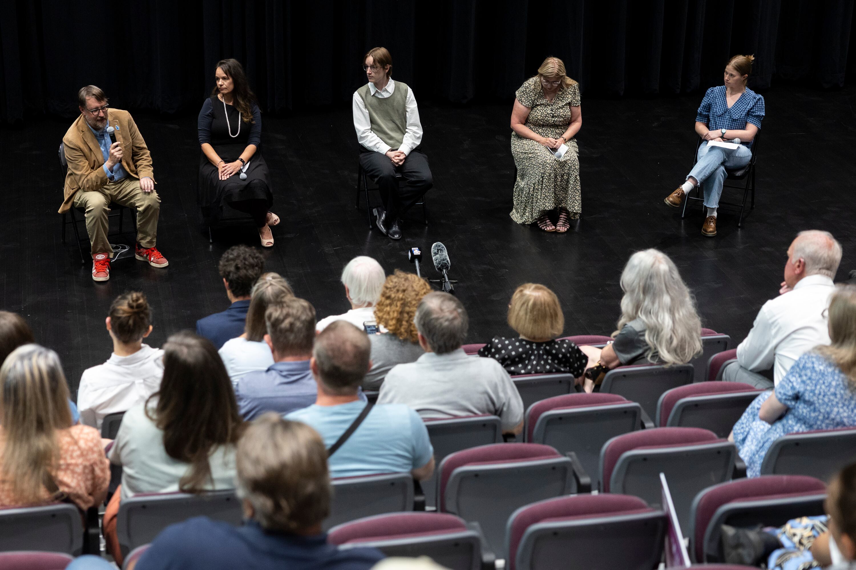 Brigham Daniels, University of Utah, S.J. Quinney College of Law; Rhonda Lauritzen, Box Elder Accountability Referendum; Nat Williams, Stewardship Utah; Brenna Williams, Box Elder Accountability Referendum, and Sam Hawkins, of Grow the Flow, speak during a panel on the Stratos Project at Sunset Junior High in Sunset, on June 16. Brenna Williams says the benefits of data centers are all "smoke and mirrors."