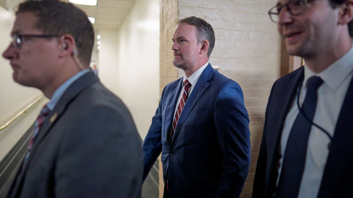 Trade representative Jamieson Greer arrives to meet with Speaker of the House Mike Johnson, R-La., and GOP lawmakers, at the Capitol in Washington, Wednesday. Greer also pinned blame on Canada for trade talks breaking down.
