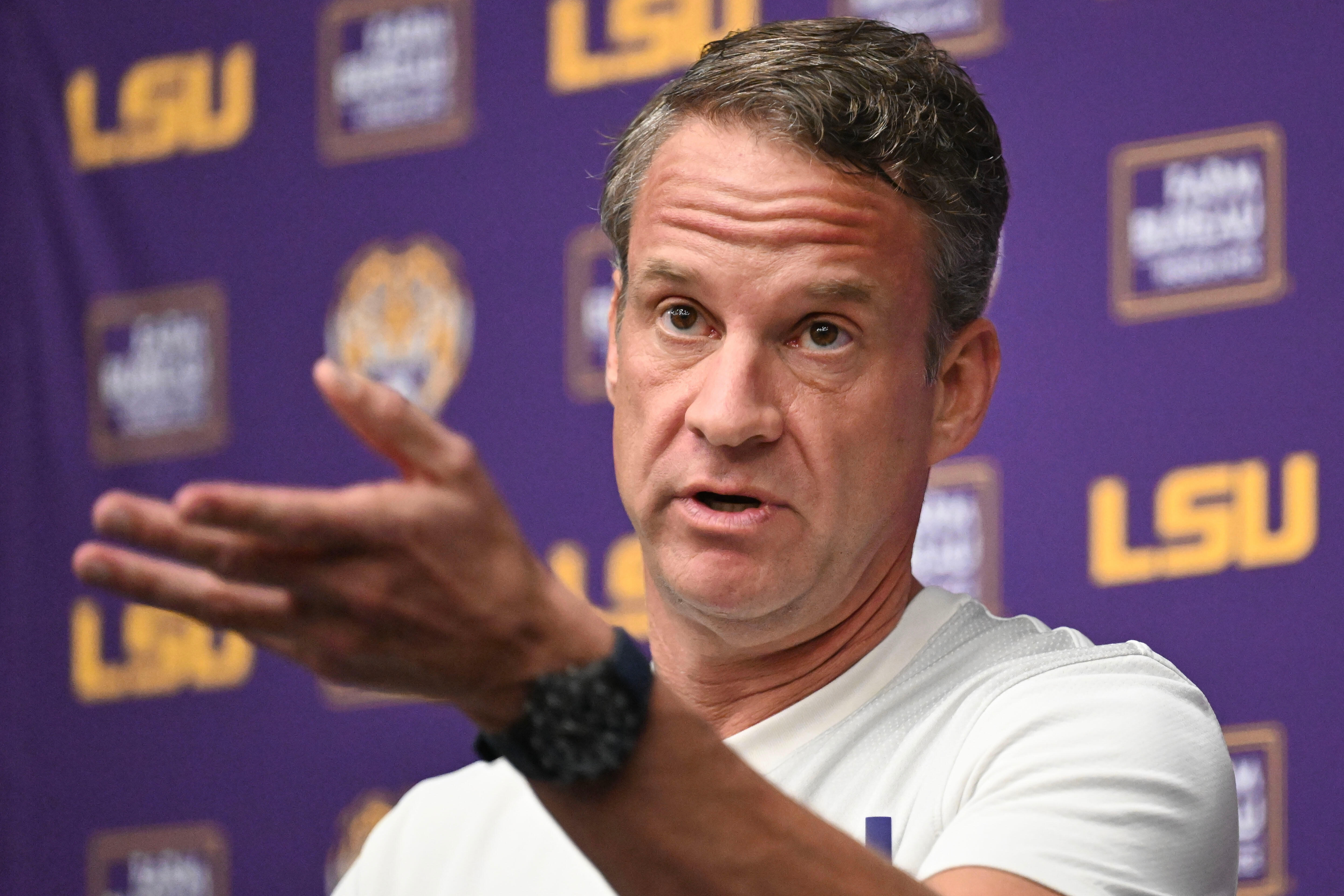 FILE - LSU football head coach Lane Kiffin speaks during a news conference at the LSU Football Operations Facility in Baton Rouge, La., Feb. 4, 2026. 