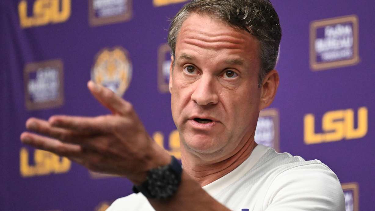 FILE - LSU football head coach Lane Kiffin speaks during a news conference at the LSU Football Operations Facility in Baton Rouge, La., Feb. 4, 2026.