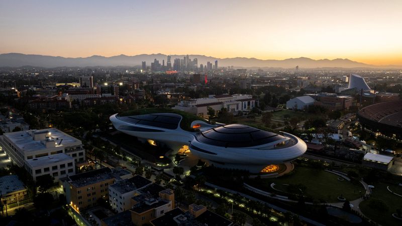 A drone view shows the exterior of the Lucas Museum of Narrative Art before it opens to the public in Los Angeles, California, U.S. September 2, 2026.