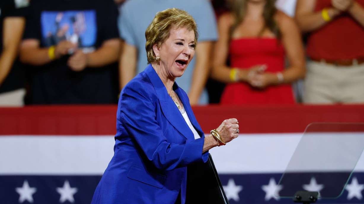 Secretary of Education Linda McMahon steps on stage to speak before President Donald Trump arrives at Wheeler High School in Marietta, Ga., July 22. The department is warning schools to release their children's education records or risk losing funding.