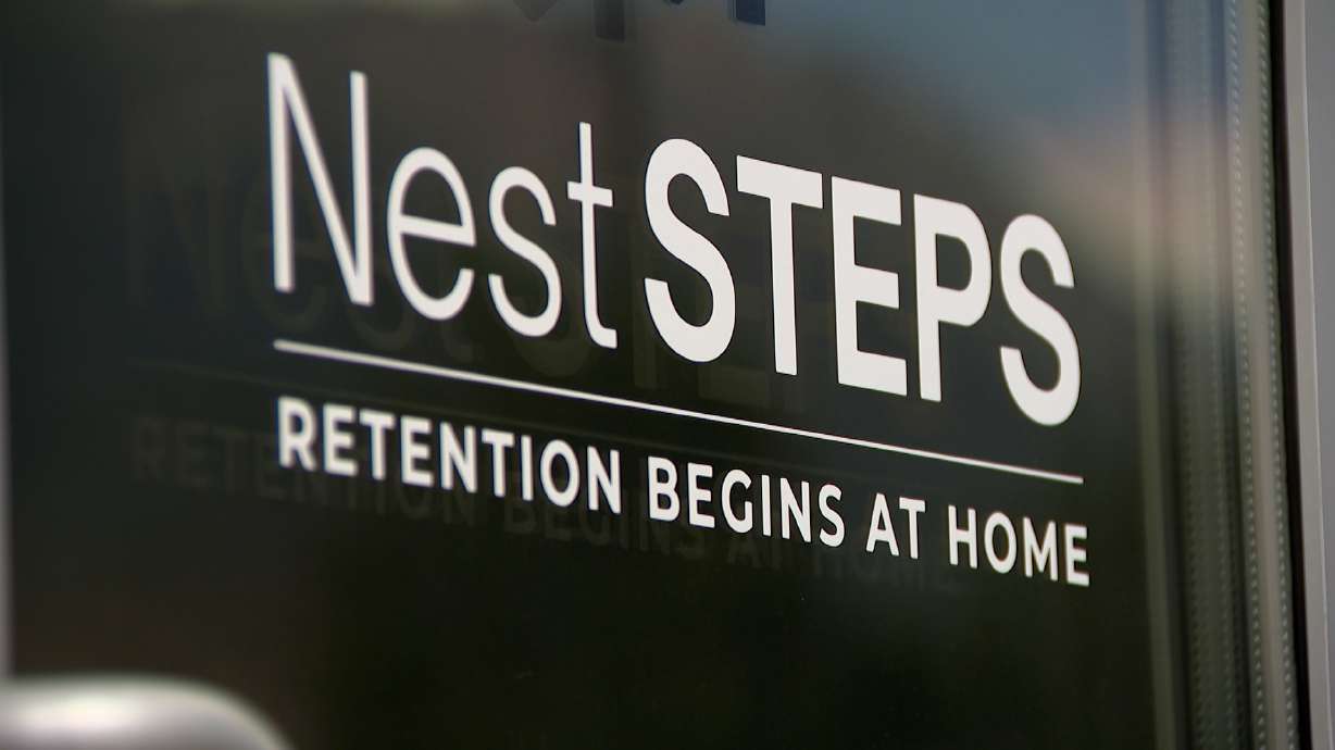 The logo for NestSteps is pictured at the company's Provo headquarters on Wednesday. NestSteps wants to help fill the gap in housing attainability where other efforts have fallen short.