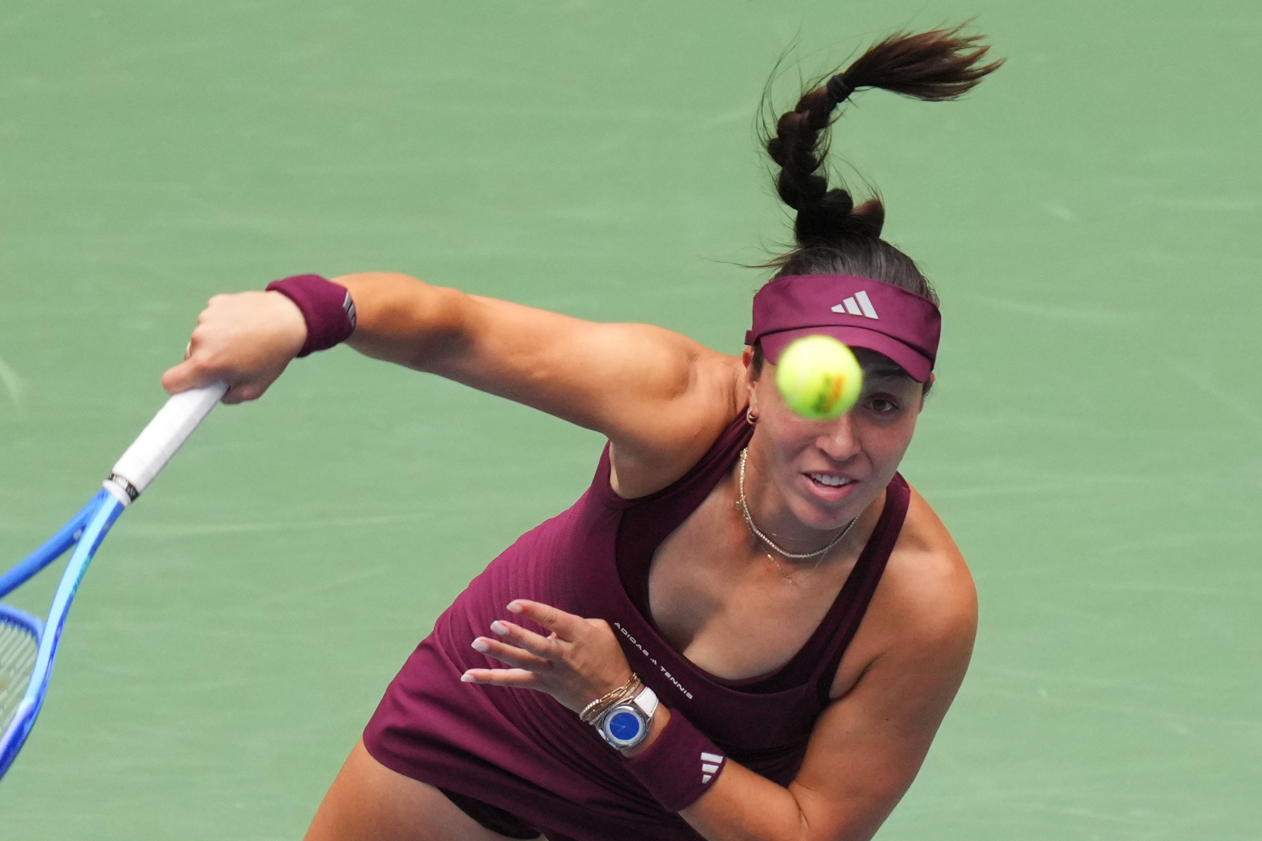Jessica Pegula, of the United States, serves the ball to Sofia Kenin, of the United States, during the second round of the U.S. Open tennis championships Wednesday, Sept. 2, 2026, in New York. 