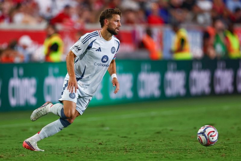 Aug 22, 2026; Harrison, New Jersey, USA;  Chicago Fire FC forward Philip Zinckernagel (11) controls the ball against the Red Bull New York in the second half at Sports Illustrated Stadium.