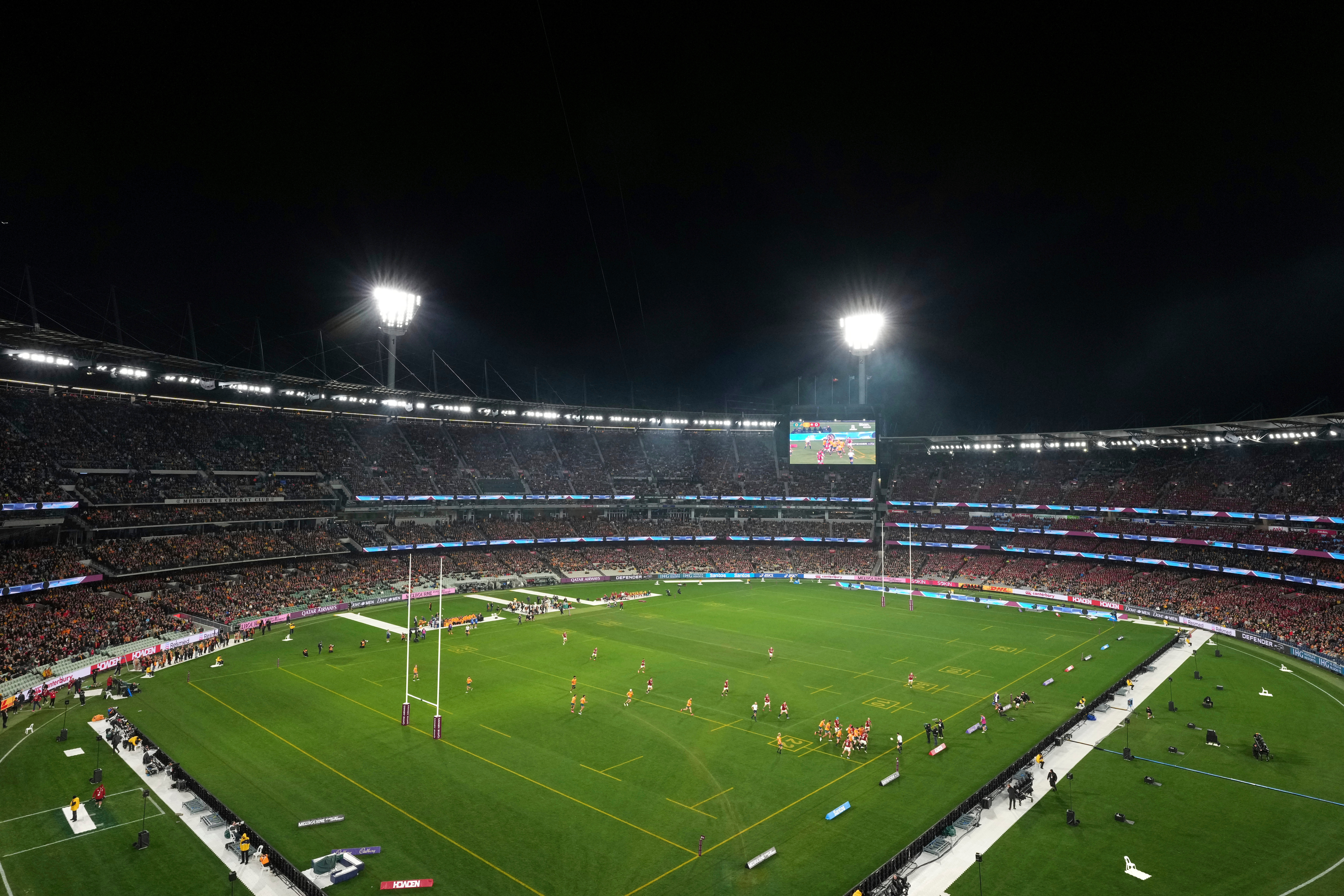 FILE - A general view during the second rugby union test between Australia and the British & Irish Lions at the Melbourne Cricket Ground, in Melbourne, Australia, July 26, 2025. 
