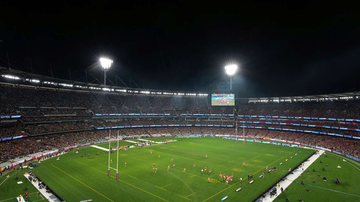 FILE - A general view during the second rugby union test between Australia and the British & Irish Lions at the Melbourne Cricket Ground, in Melbourne, Australia, July 26, 2025.