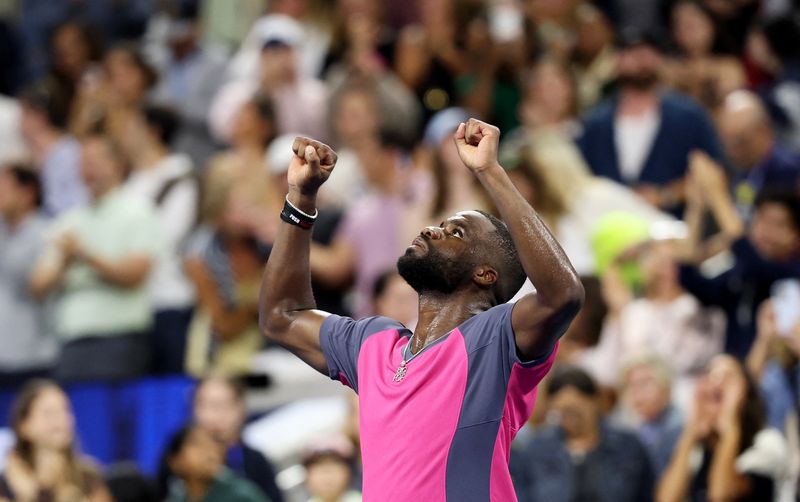 Tennis - U.S. Open - Flushing Meadows, New York, United States - September 2, 2026 Frances Tiafoe of the U.S. celebrates after winning his second round match against Japan's Rei Sakamoto IMAGN IMAGES via Reuters/Amber Searls