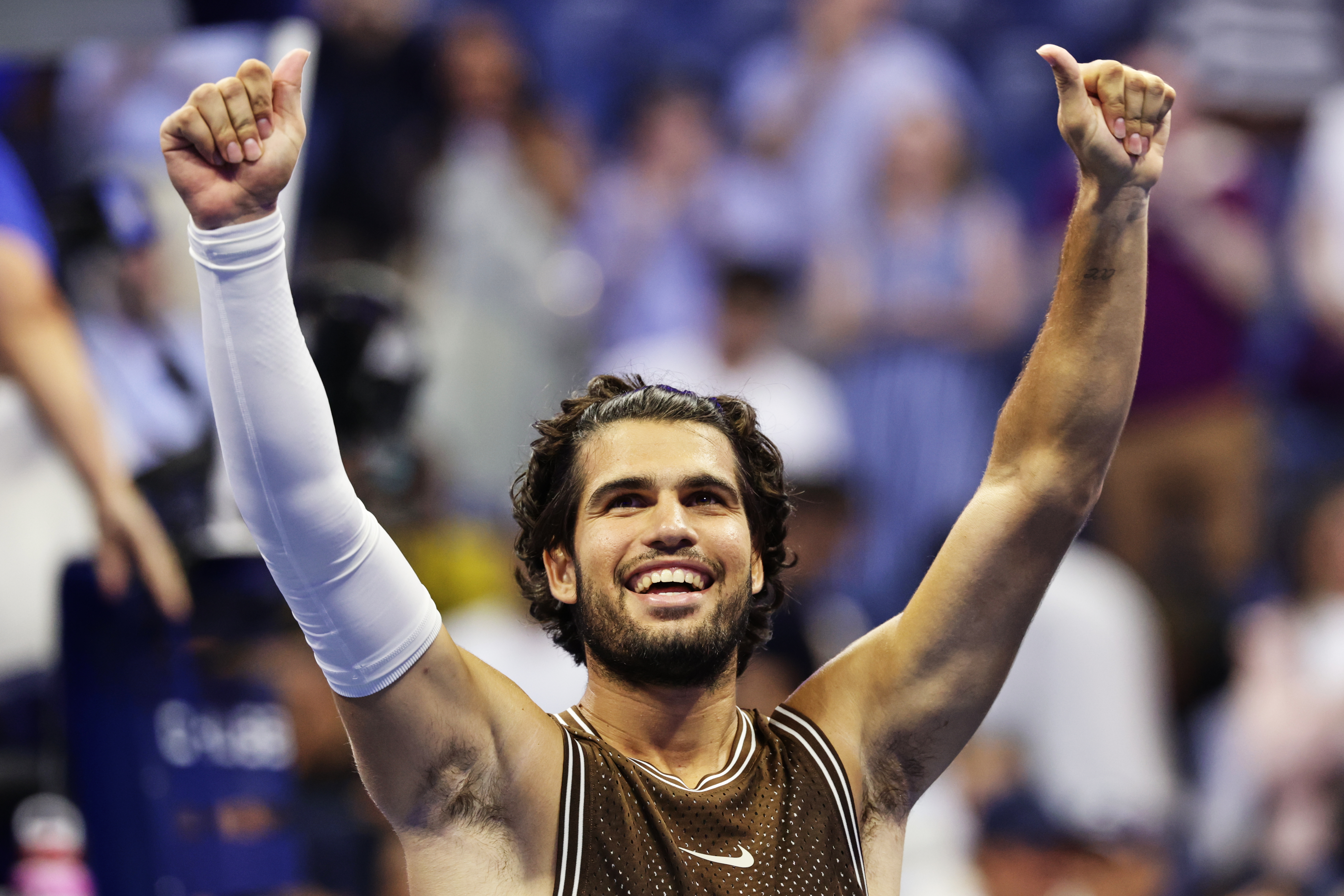 Carlos Alcaraz, of Spain, celebrates winning a match against Jaime Faria, of Portugal, during the second round of the U.S. Open tennis championships, Wednesday, Sept. 2, 2026, in New York. 