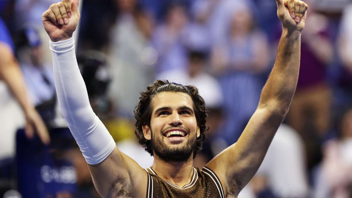 Carlos Alcaraz, of Spain, celebrates winning a match against Jaime Faria, of Portugal, during the second round of the U.S. Open tennis championships, Wednesday, Sept. 2, 2026, in New York.