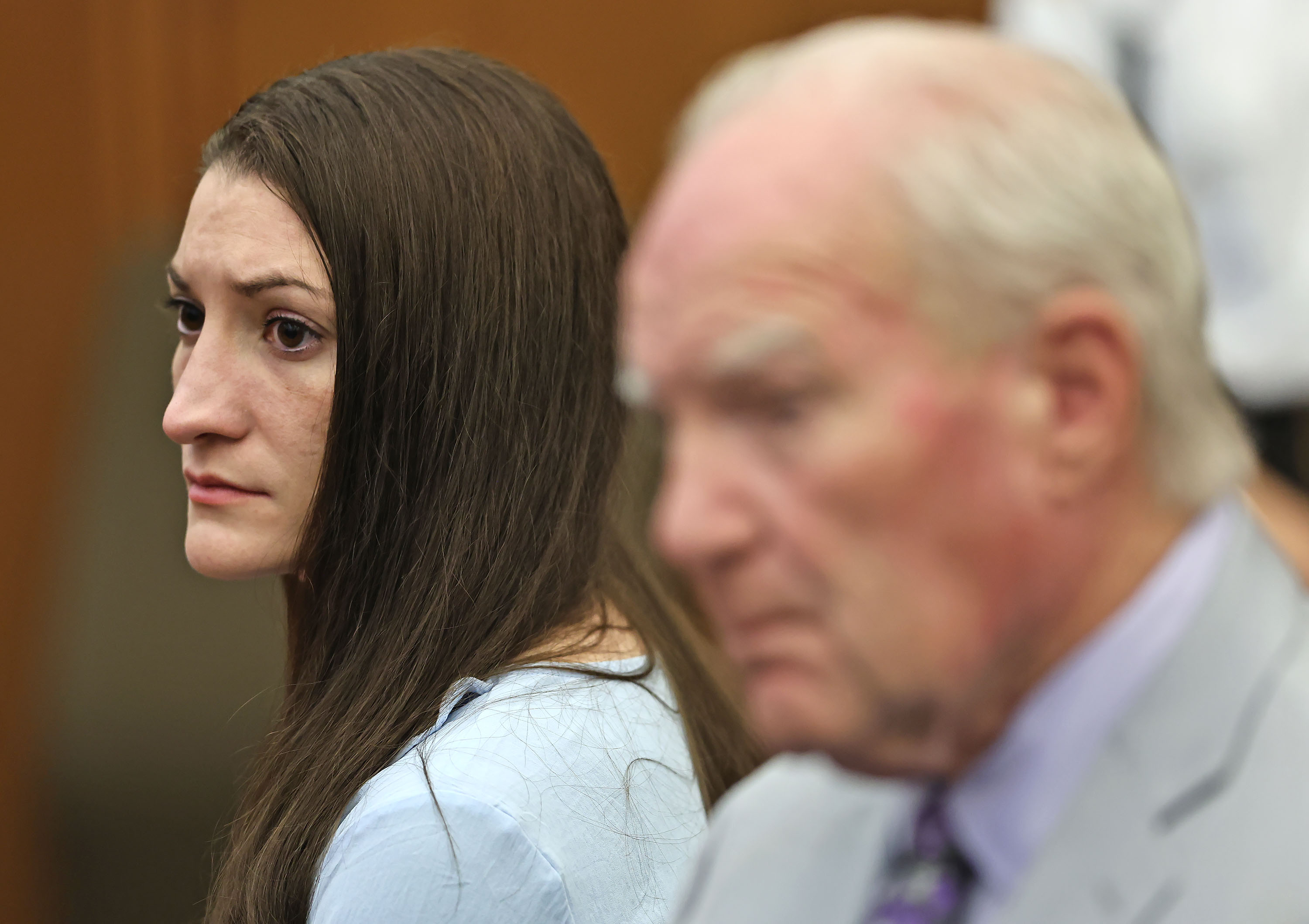 Lindsay Clancy and attorney Kevin Reddington watch as Judge William Sullivan tells the jury to keep discussing a possible verdict after jurors said for a second time they couldn't agree whether Clancy was criminally responsible for killing her three children in 2023, Wednesday, in Plymouth, Mass. The jury is set to resume deliberating Thursday.