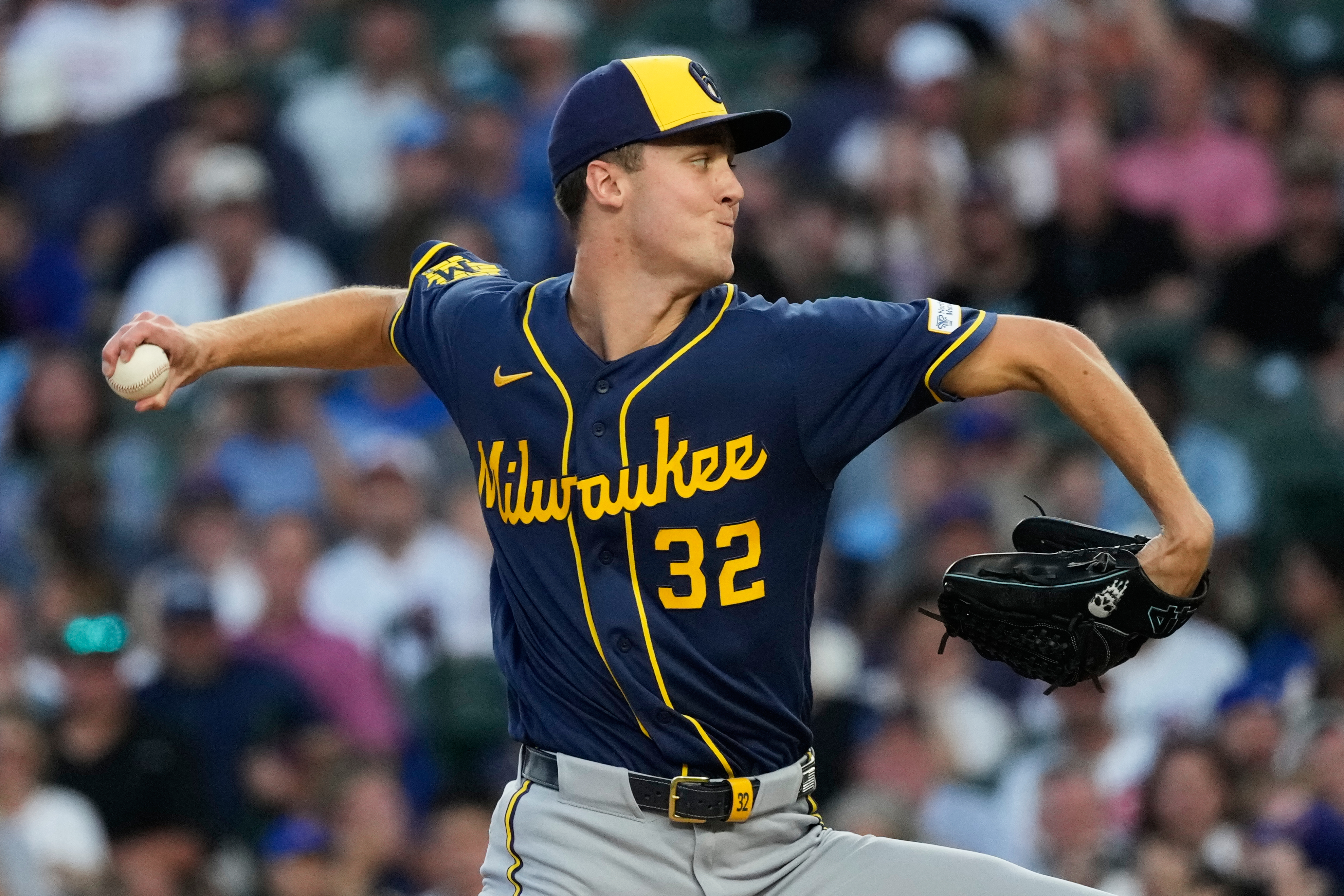Milwaukee Brewers starting pitcher Jacob Misiorowski throws against the Chicago Cubs during the first inning of a baseball game in Chicago, Wednesday, Sept. 2, 2026. 