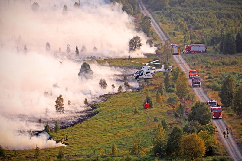 Fire services personnel are deployed as smoke rises from a wildfire, in the High Fens region of Belgium, August 17, 2026.  Balgian Federal Police/Handout via REUTERS    THIS IMAGE HAS BEEN SUPPLIED BY A THIRD PARTY