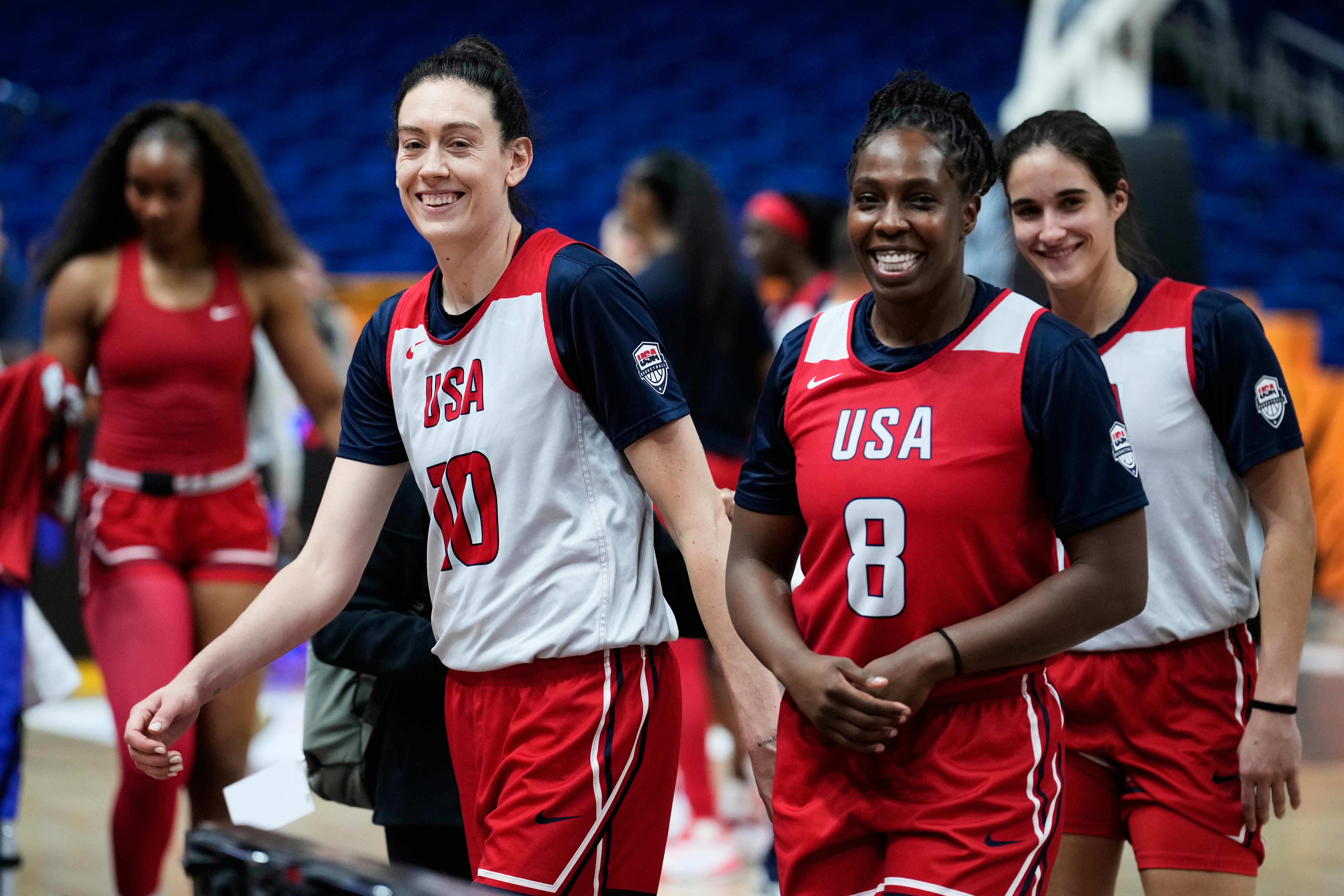 Breanna Stewart (10) and Chelsea Gray (8) of United States attend a training session ahead of the match between China and United States during the Women's Basketball World Cup in Berlin, Germany, Wednesday, Sept. 2, 2026. 