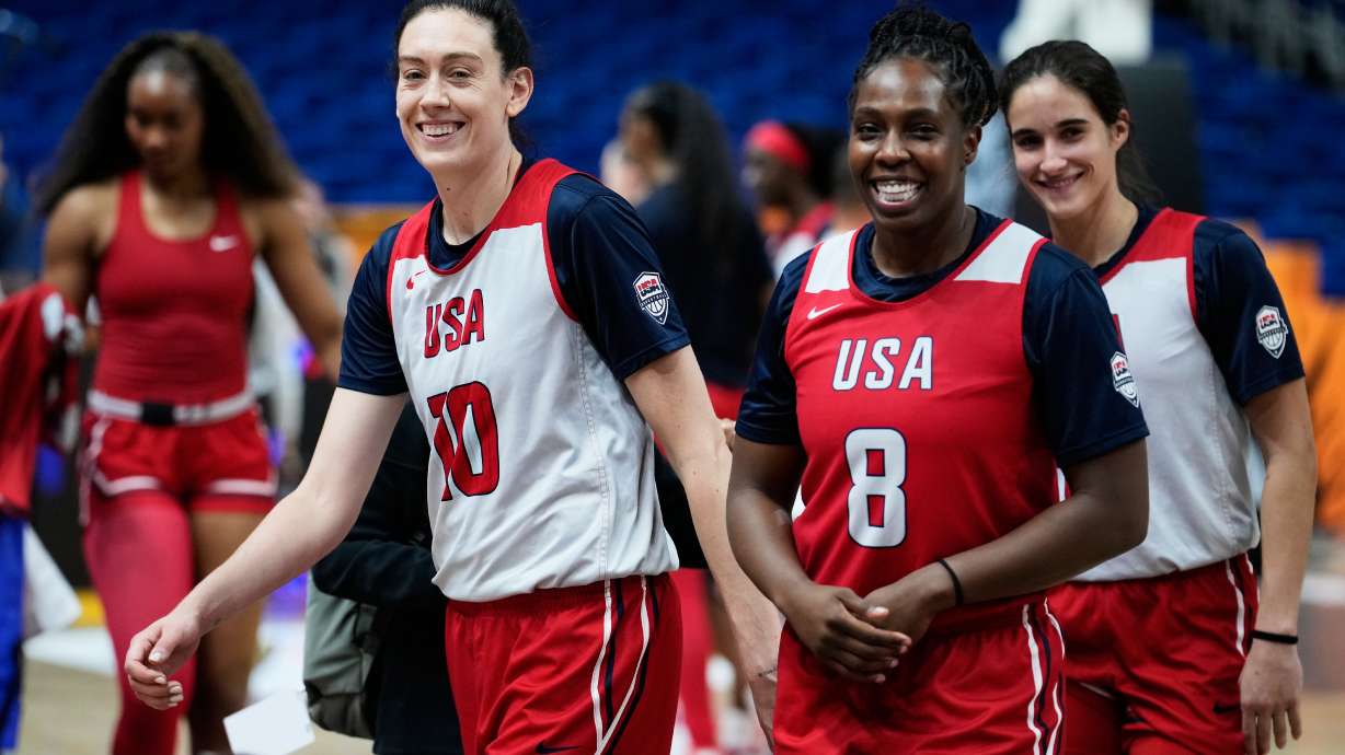 Breanna Stewart (10) and Chelsea Gray (8) of United States attend a training session ahead of the match between China and United States during the Women's Basketball World Cup in Berlin, Germany, Wednesday, Sept. 2, 2026.