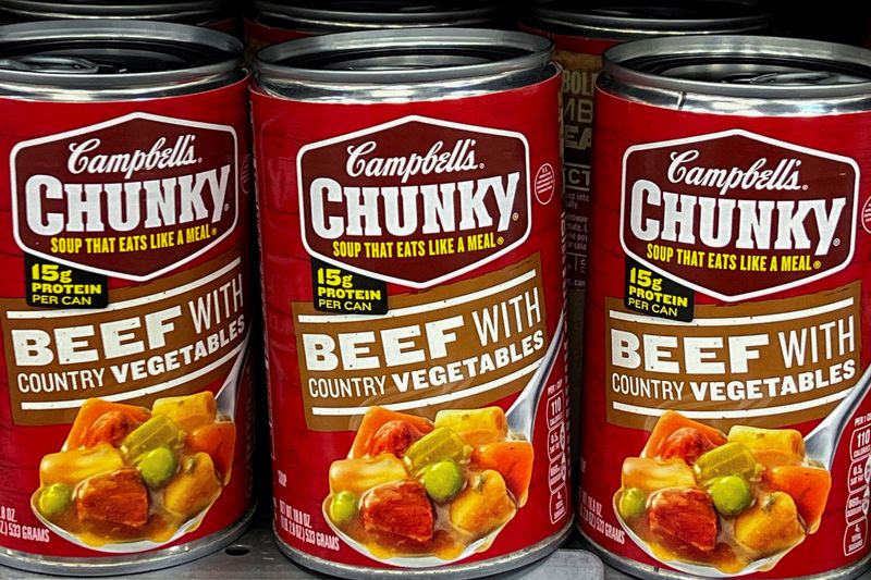 FILE PHOTO: Cans of Campbell's chunky beef soup line a supermarket shelf in Bellingham, Washington, U.S. April 25, 2024.
