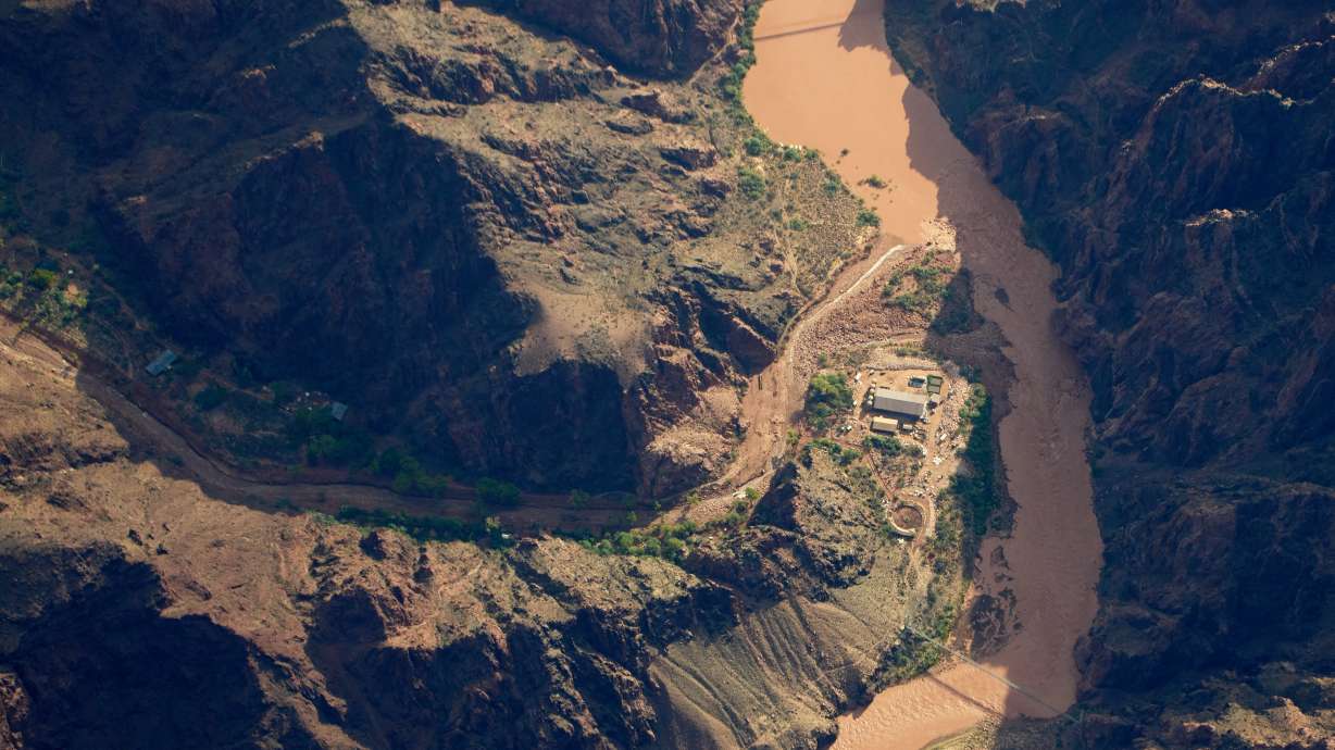 Bright Angel Canyon, damaged by flash floods, runs into the Colorado River in the Grand Canyon, Monday, Aug. 31, 2026, at Grand Canyon National Park, Ariz.
