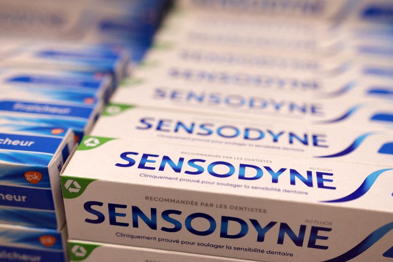 FILE PHOTO: Sensodyne products are displayed on a shelf in a supermarket in Sarajevo, Bosnia and Herzegovina, October 29, 2024.