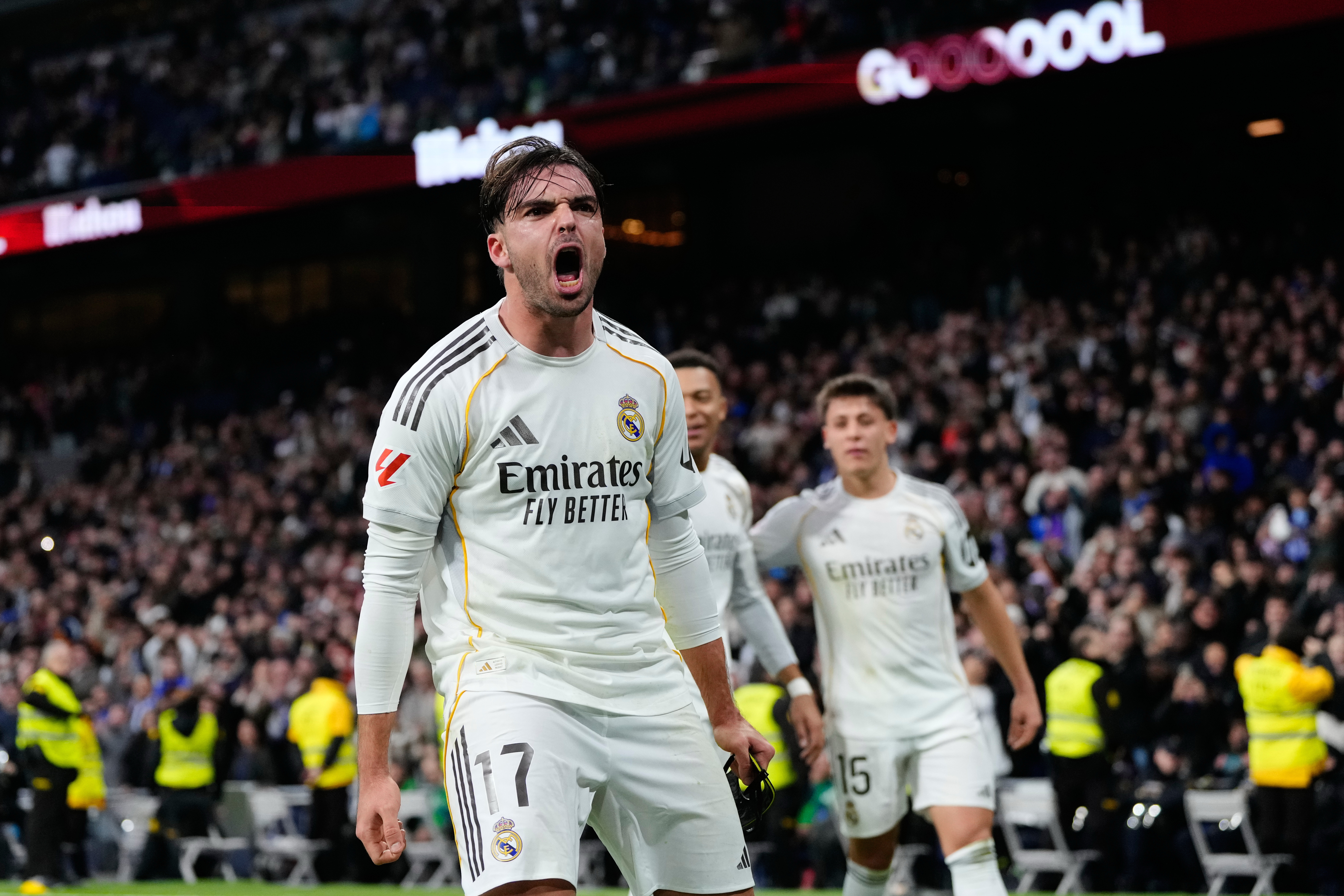 FILE - Real Madrid's Raul Asencio celebrates after scoring his side's second goal during the Spanish La Liga soccer match between Real Madrid and Levante in Madrid, Spain, on Jan. 17, 2026. 