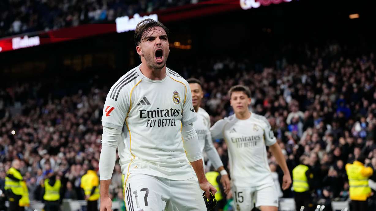FILE - Real Madrid's Raul Asencio celebrates after scoring his side's second goal during the Spanish La Liga soccer match between Real Madrid and Levante in Madrid, Spain, on Jan. 17, 2026.