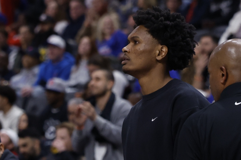 May 5, 2026; Detroit, Michigan, USA; Houston Rocket forward Amen Thompson looks on in the first half of the game between the Detroit Pistons and the Cleveland Cavaliers game one of the second round of the 2026 NBA Playoffs at Little Caesars Arena.