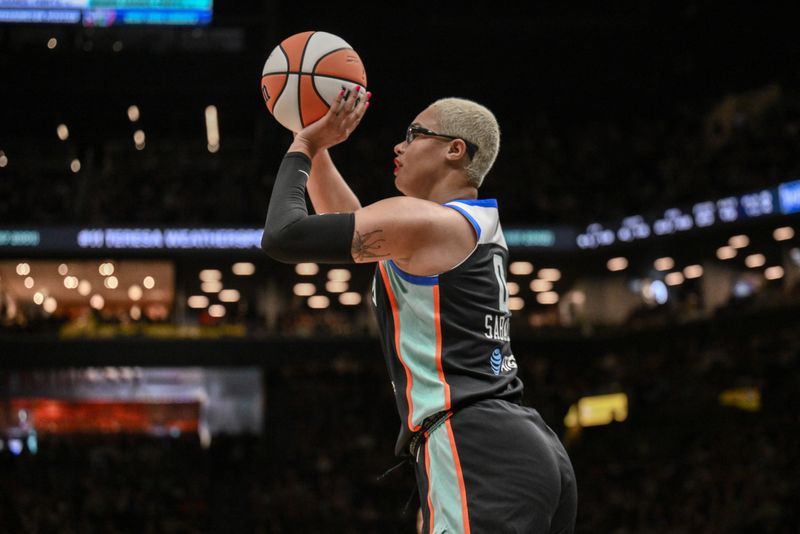 Jun 19, 2026; Brooklyn, New York, USA; New York Liberty forward Satou Sabally (0) shoots the ball against the Washington Mystics during the second half at Barclays Center.