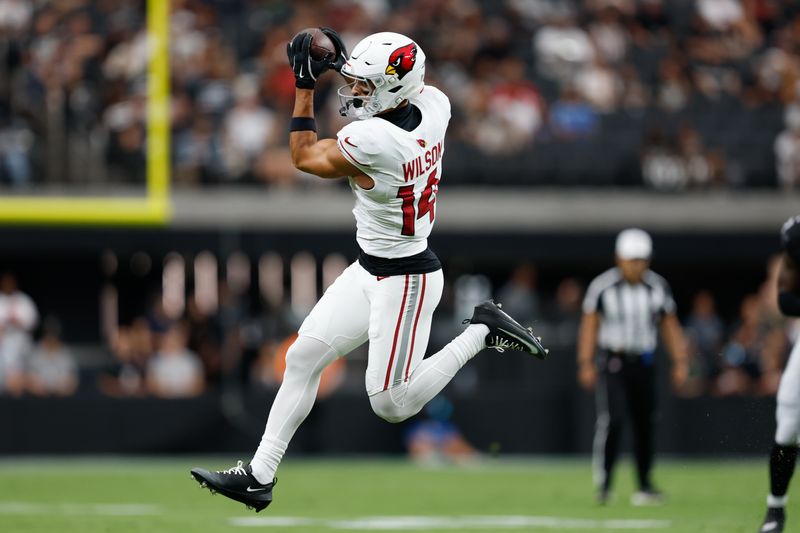 Aug 13, 2026; Paradise, Nevada, USA; Arizona Cardinals wide receiver Michael Wilson (14) makes a catch during a preseason game against the Las Vegas Raiders at Allegiant Stadium.