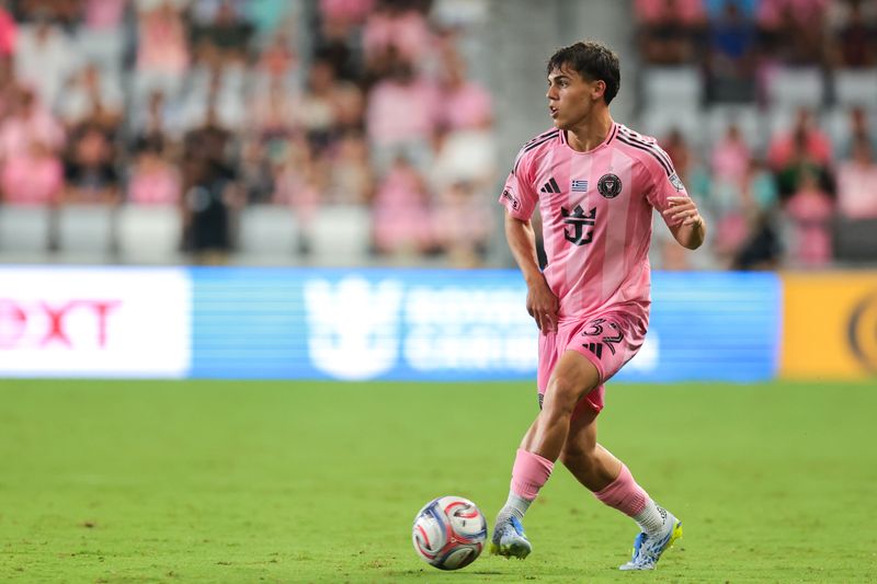 May 24, 2026; Miami, Florida, USA; Inter Miami CF defender Noah Allen (32) passes the ball against the Philadelphia Union during the second half at Nu Stadium.