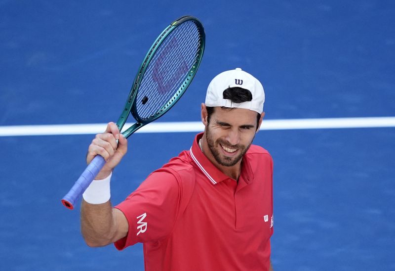 Tennis - U.S. Open - Flushing Meadows, New York, United States - September 3, 2026 Russia's Karen Khachanov celebrates winning his second round match against Canada's Felix Auger-Aliassime