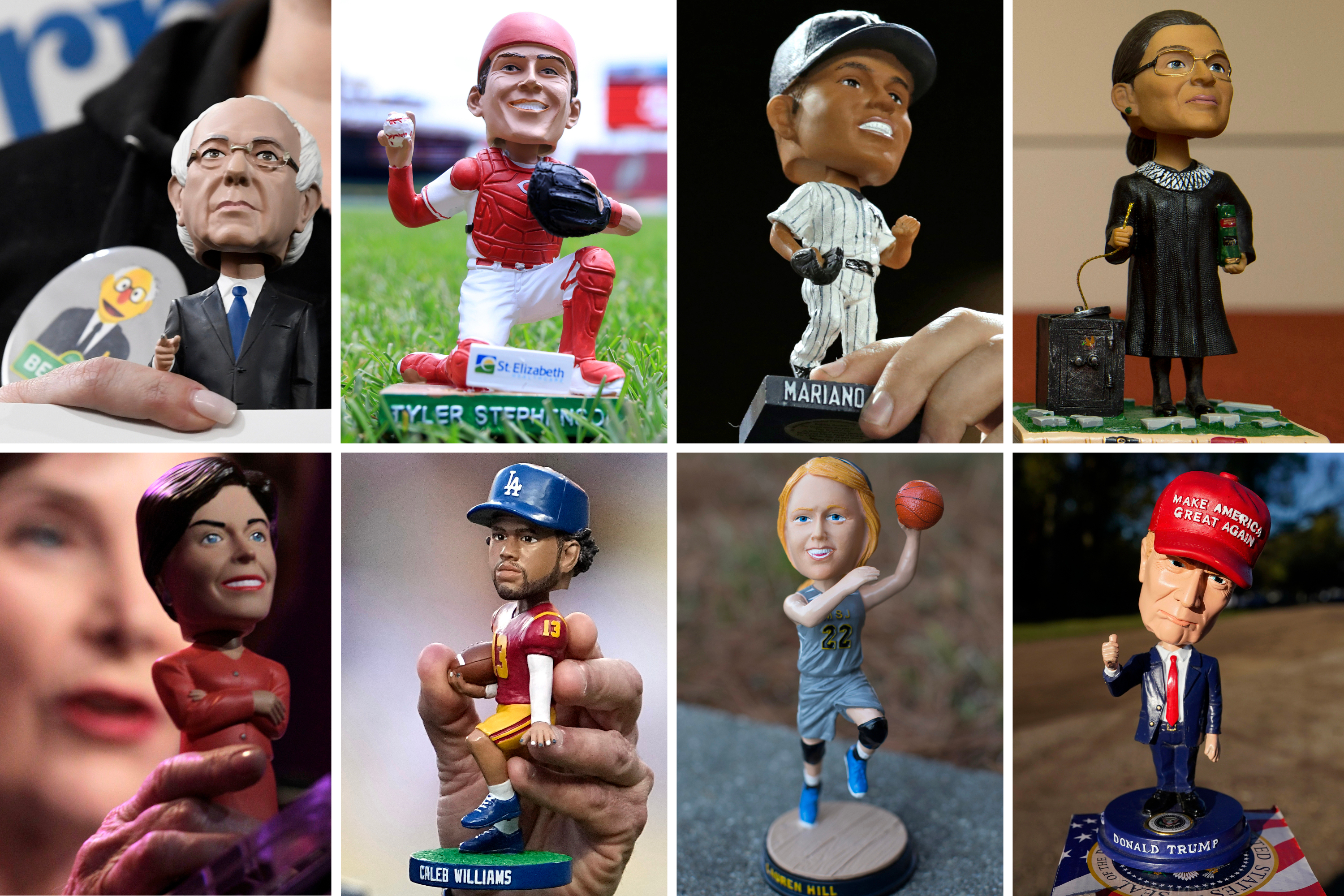 FILE - This collection of file photos showing various bobblehead figures on different dates and locations. 