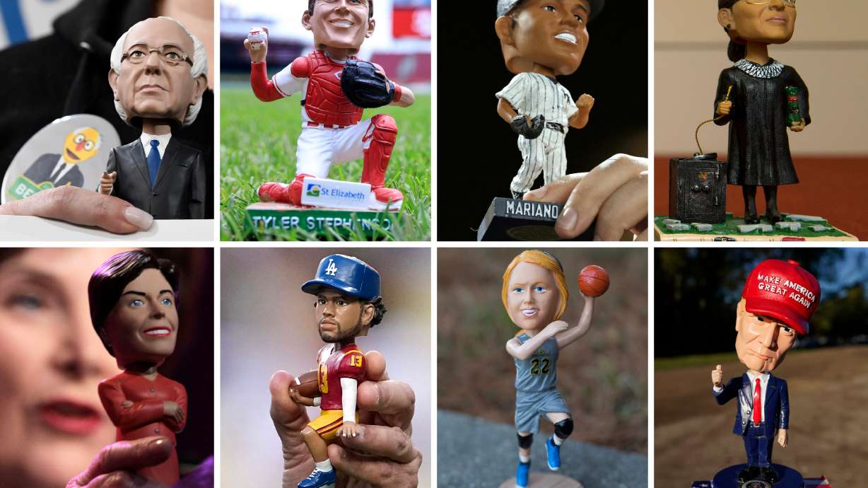 FILE - This collection of file photos showing various bobblehead figures on different dates and locations.