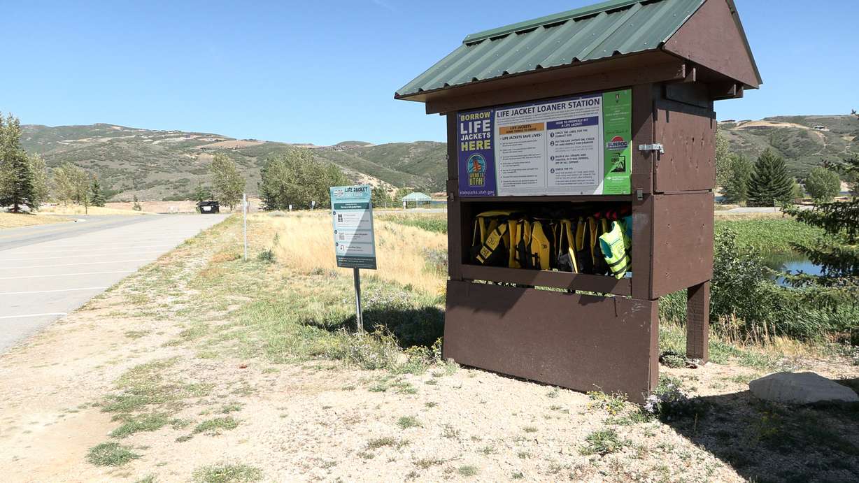 A lifejacket loaner station is pictured at Jordanelle State Park on Thursday.