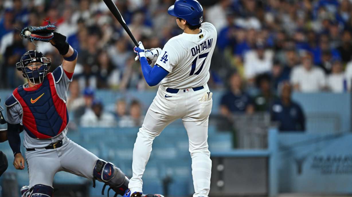 Los Angeles Dodgers' Shohei Ohtani (17) takes a close pitch during the second inning of a baseball game against the St. Louis Cardinals, Wednesday, Sept. 2, 2026, in Los Angeles.