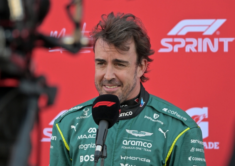 May 22, 2026; Montreal, Quebec, CANADA; Aston Martin driver Fernando Alonso (14) gives a quick interview during Lenovo Grand Prix Du Canada sprint qualifying session at Circuit Gilles-Villeneuve.