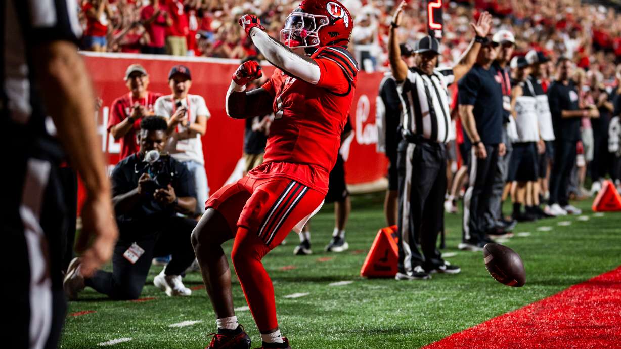 Utah Utes running back Wayshawn Parker (1) scores a touchdown during an NCAA football game against the Idaho Vandals at Rice-Eccles Stadium in Salt Lake City on Thursday, Sept. 3, 2026.