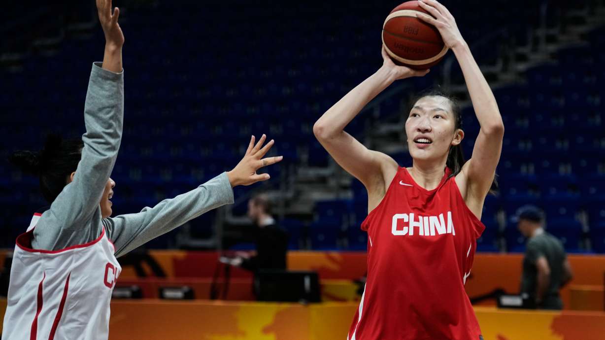 Han Xu of China practices during a training session ahead of the match between China and United States during the Women's Basketball World Cup in Berlin, Germany, Wednesday, Sept. 2, 2026.
