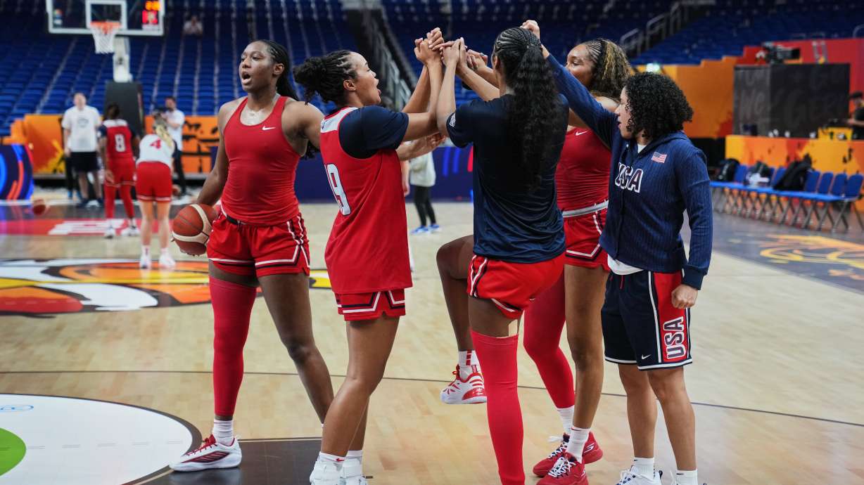 United States women's basketball team practices during a training session ahead of the match between China and United States during the Women's Basketball World Cup in Berlin, Germany, Wednesday, Sept. 2, 2026.