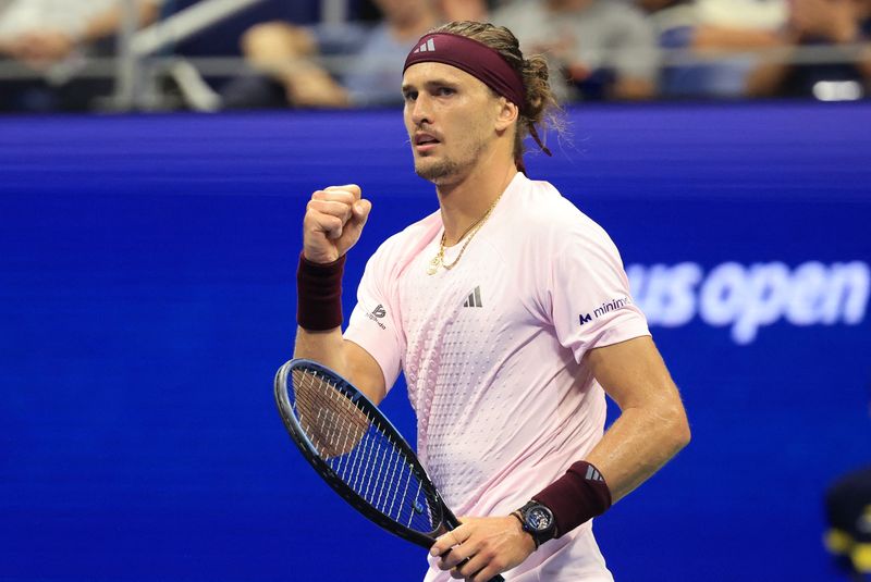 Tennis - U.S. Open - Flushing Meadows, New York, United States - September 4, 2026 Germany's Alexander Zverev reacts during his second round match against France's Quentin Halys