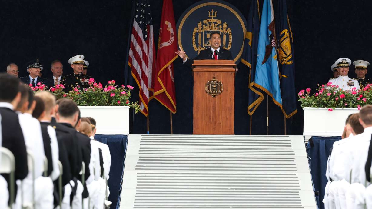 Acting Secretary of the Navy Hung Cao speaks during the U.S. Naval Academy's graduation and commissioning ceremony at the U.S. Naval Academy, May 22, in Annapolis, Md.