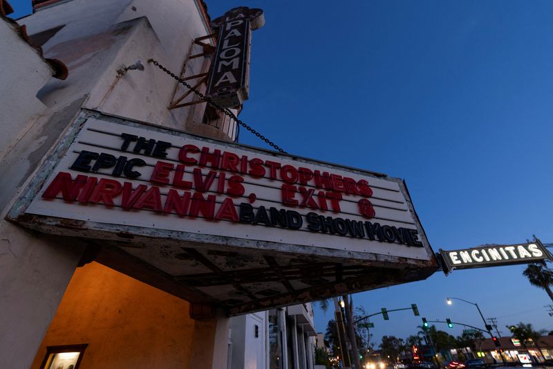 FILE PHOTO: A marquee of La Paloma Theatre, one of the last continuously operating single‑screen theaters in San Diego County, in Encinitas, California, U.S., April 27, 2026.