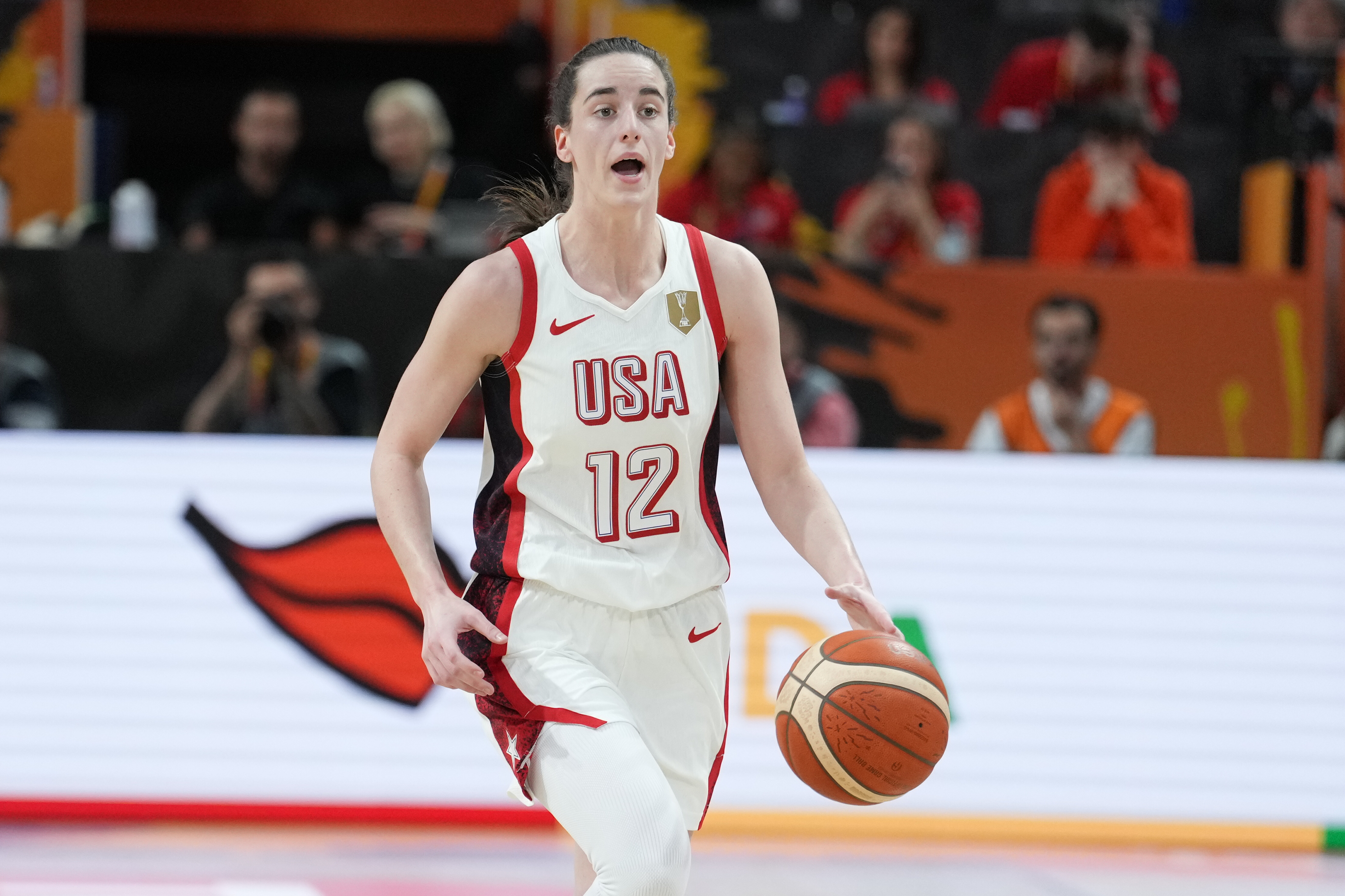 United States' Caitlin Clark dribbles during the Women's Basketball World Cup match between China and the United States in Berlin, Friday, Sept. 4, 2026. 